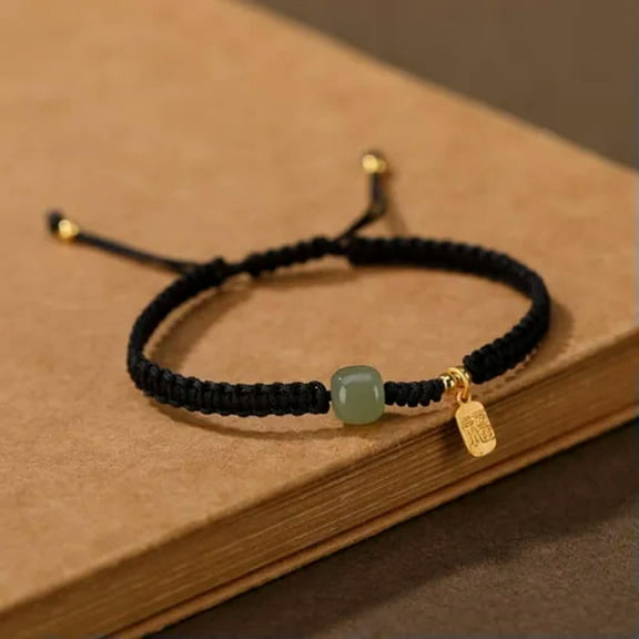 K-KED 100% Natural Jade Jadeite Bead with Silver Fu Charm Black Knitted Bracelet