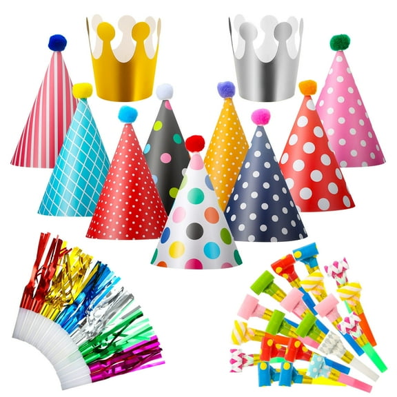 DISEN 38 Pack Party Hats Set, 11PCS Birthday Party Cone Hats Lovely Crown with Pom Poms 15PCS Colorful Blowouts 12PCS Tassel Blowouts for Kids Adult