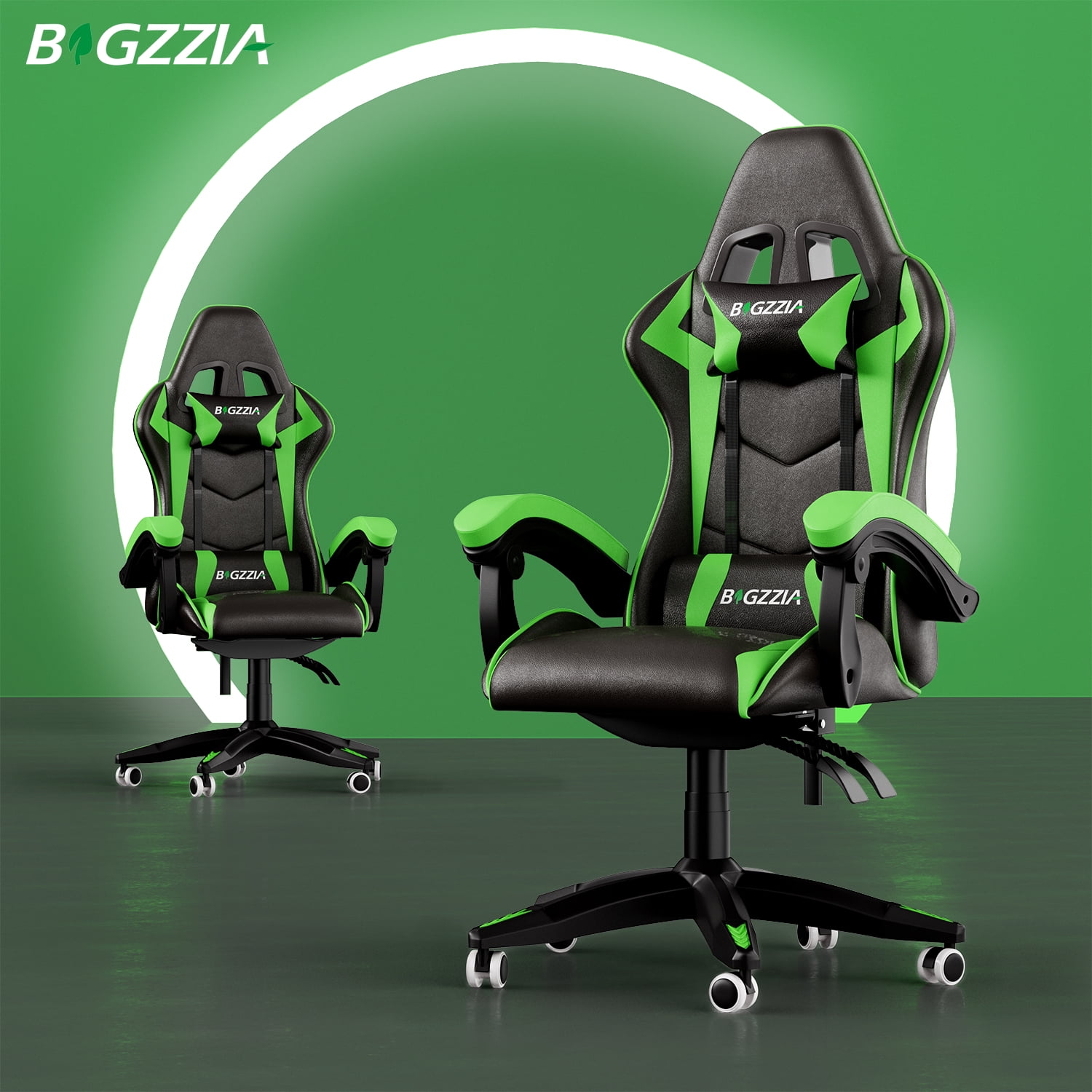 Bigzzia Gaming Chair Pu Leather Office Chair with Ergonomic Lumbar Pillow, Reclining Racing Game