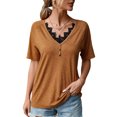 thumbnail image 1 of Camisa de manga corta con cuello en V de encaje para mujer, moda de verano, informal, adelgazante, blusa de manga corta de verano para mujer, naranja S, 1 of 8