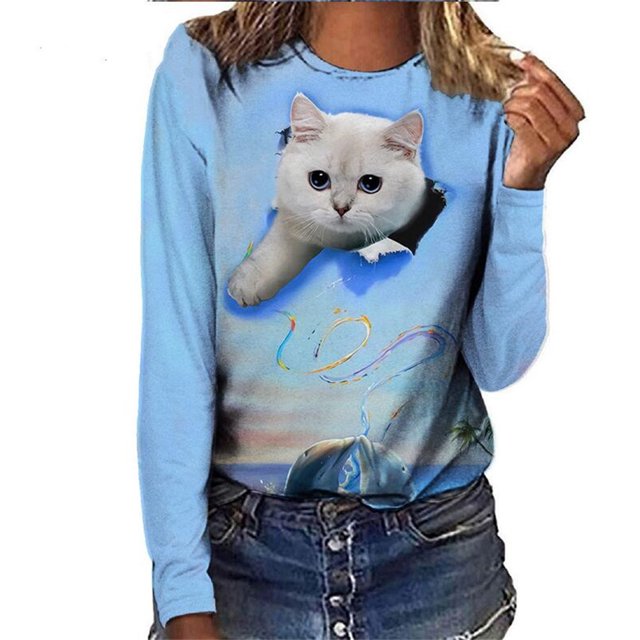 Camiseta holgada informal para mujer, en 3D Camiseta con estampado de letras de gato, camiseta informal de manga larga con cuello redondo, ropa de calle Simple, Mode Tosp para mujer 2021