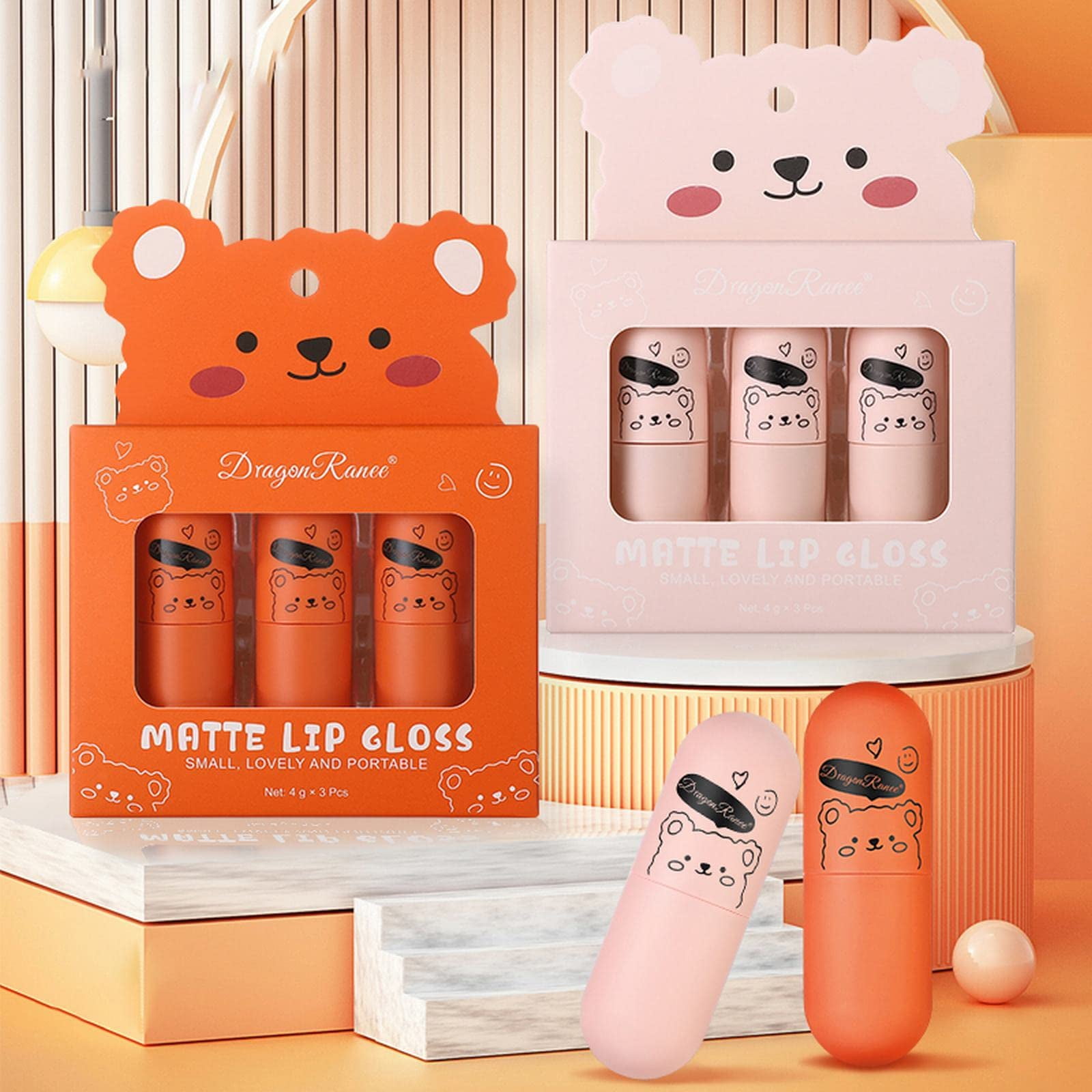 6pc Lip Gloss Set Cute Bear Lipstick Not Easy to Stick to Cup Matte Lip ...