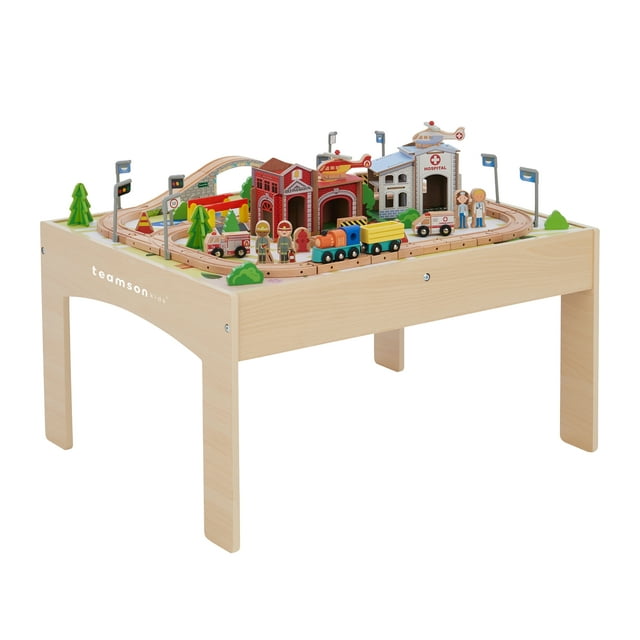 Teamson Kids Wooden Train Set Play Table Track Childrens Playset Roleplay 85 Pcs