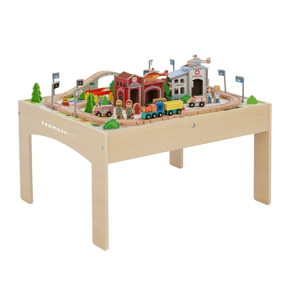 Teamson Kids Wooden Train Set Play Table Track Childrens Playset Roleplay 85 Pcs