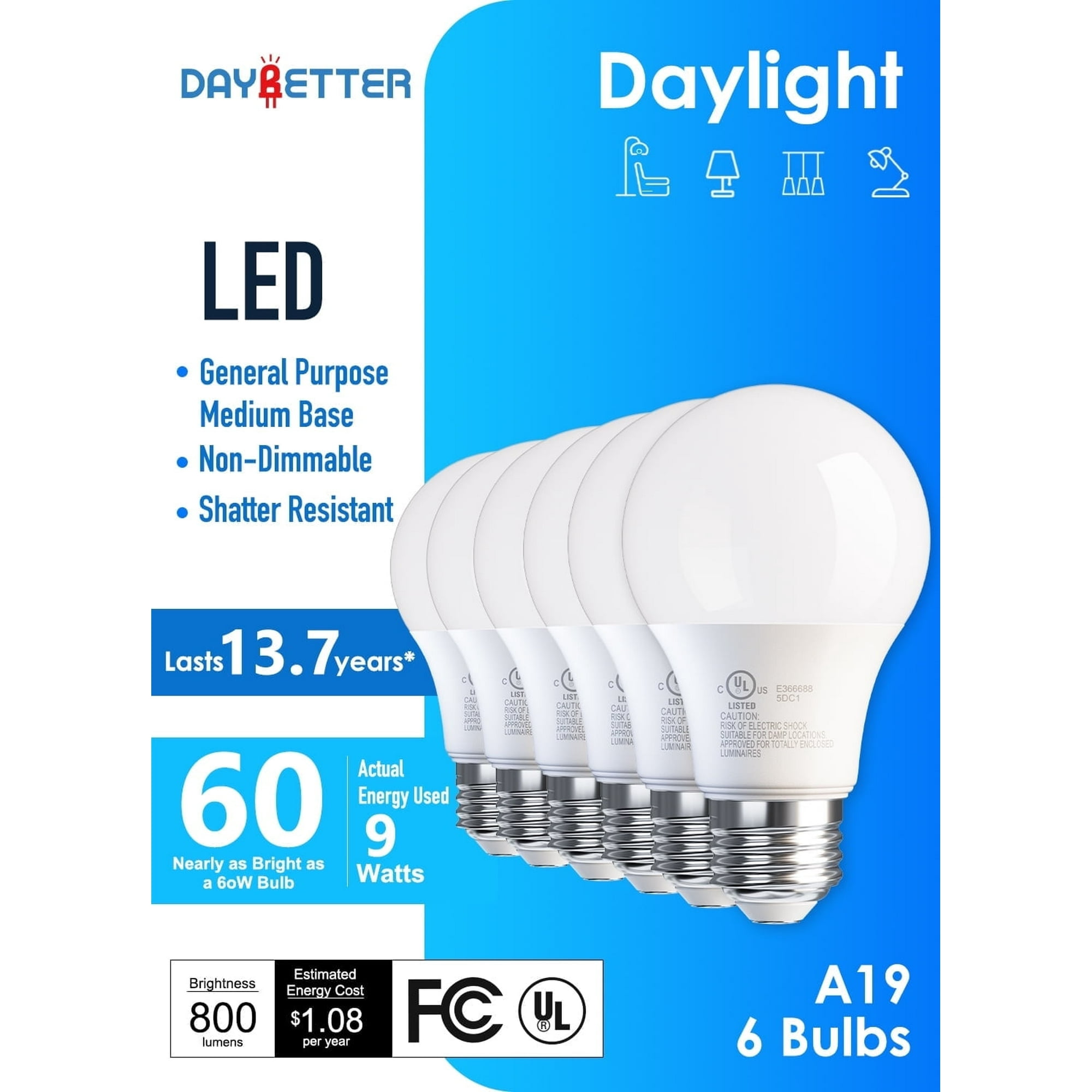 DAYBETTER A19 LED Light Bulbs, 60W Equivalent,5000K Daylight, 9W 800 Lumens,E26 Standard Base,UL Listed,Lighting for Bedroom Living Room Home Office,6 Pack