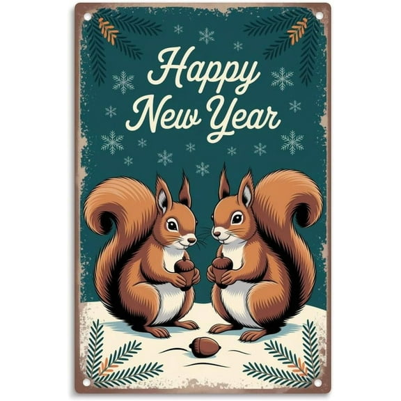 Happy New Year Cute Squirrel tin sign， Vintage Winter Holiday Squirrel Metal Sign print Aesthetic Room Decoration for Home Bedroom Kitchen Bar Dorm Bathroom Wall Decor 8 x 12 Inch