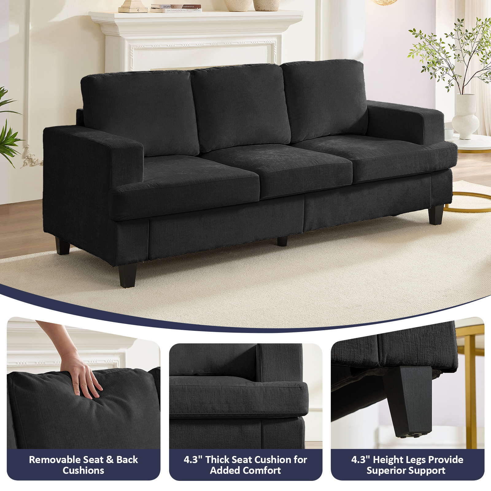ZAFLY 82” Deep Seat Couch with Wide Armrest, Oversized Sofas and Couches for Small Space/Living Room - Dark Gray