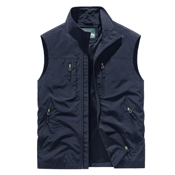 HOOMEUMY Mens Cargo Vest Workout Sleeveless Clothes Fashion 2025 Trendy Classic Solid Coat Standing Collar Jacket Pocket Design Casual Blue XXXL