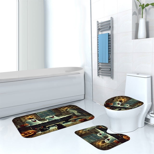 Halloween Shower Curtain Set Halloween Bathroom Curtain Set Shower Curtain Pumpkin Shower Curtain Set With Non Slip Rugs Toilet Lid Cover And Bath Mat