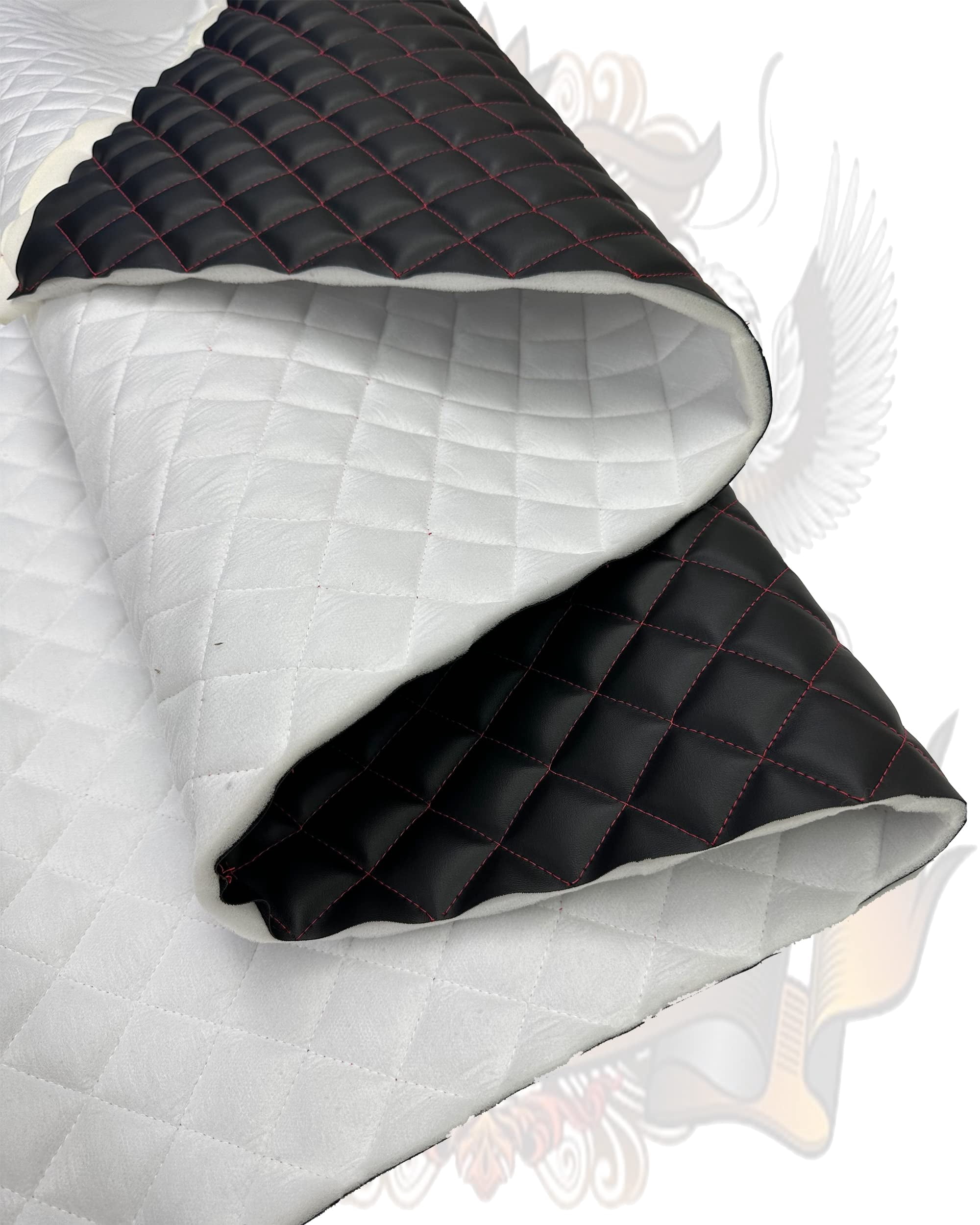 Quilted Padded Vinyl Fabric w 3/8" Foam Backing Smooth Grain Texture 2"x2" Diamond Upholstery /52" Wide/Sold by The Yard - Padded Wall Covering, Accent Wall, Craft n Sewing Vinyl (Black, Red Thread)