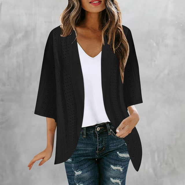 AherBiu Cardigan Femme Manches 3/4 Léger Printemps Été Automne 2024 Mode Décontracté Doux Confortable Ouvert devant Vestes