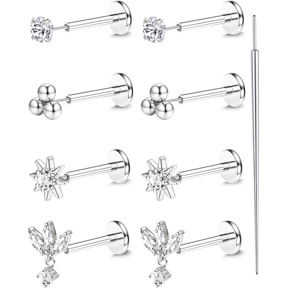 18K Gold Plated Threadless Flat Back Earrings Studs 316L Surgical Steel Push in Nose Studs Rings 20G 18G 16G CZ Tragus Cartilage Helix Conch Lip Labret Medusa Nostril Piercing Jewelry Hypoal...[e366]