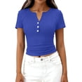 thumbnail image 5 of Qwertyu Womens Tops 2026 Spring Summer Top Henley V Neck Short Sleeve Button Slim Fit Casual Ribbed Knit Shirts Blouses Clothes Blue S, 5 of 7