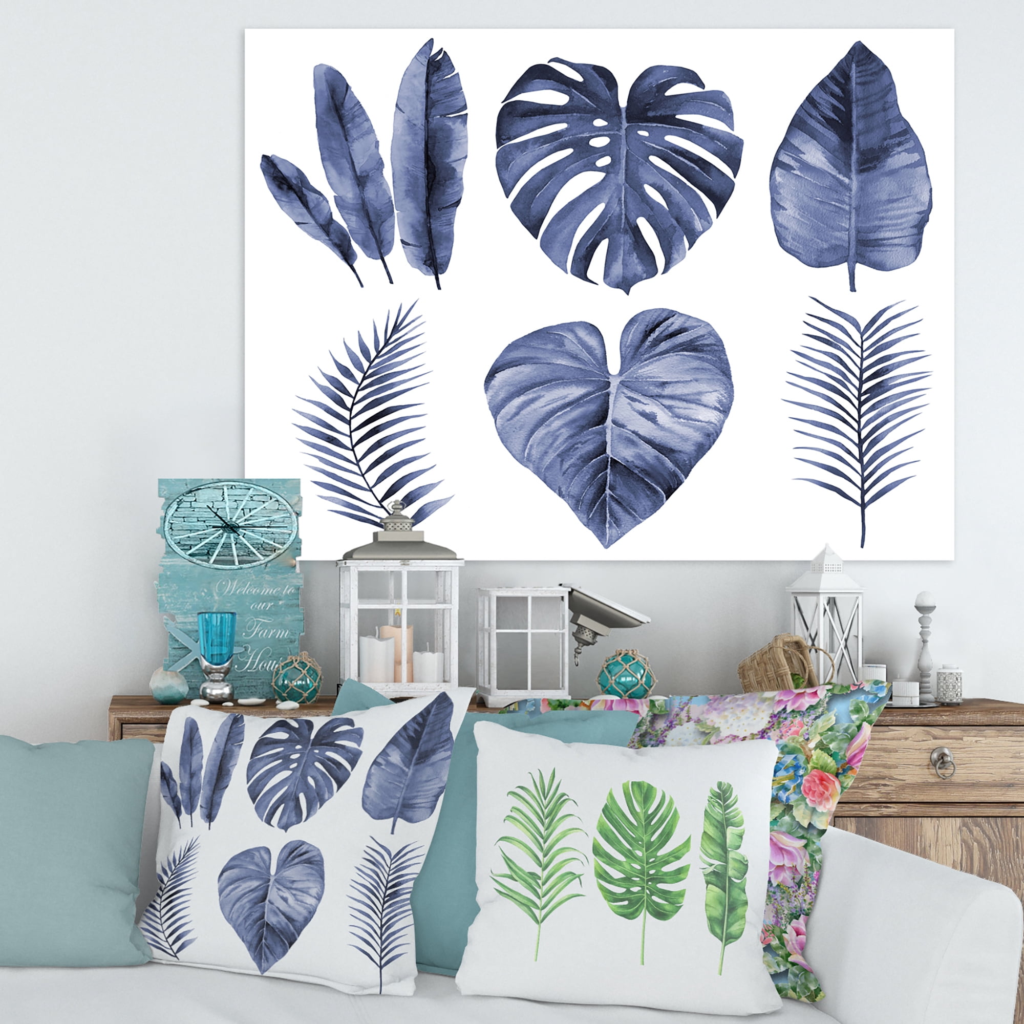Designart ' Blue Watercolour Tropical Leaves I ' Farmhouse Canvas Wall Art Print
