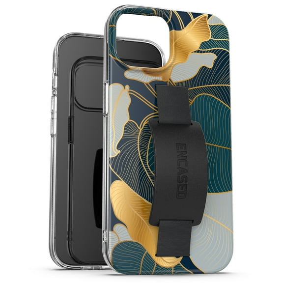 Encased Bando Case Designed for iPhone 15 Case with Finger Loop Strap (Gold Leaf Design)