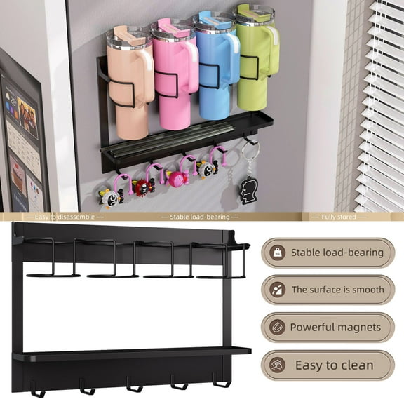 Magnetic Cup Storage Rack with 4 Cup Holders 5 Hooks, Ice Bowl Cup Storage Rack Multifunctional Beverage Rack Suitable for Water Cups, Accessories,Large Tumbler