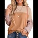 thumbnail image 1 of Camisetas Holgadas Informales de Punto con Cuello Redondo y Larga con Bloques de Color A para Mujer Caqui L, 1 of 6