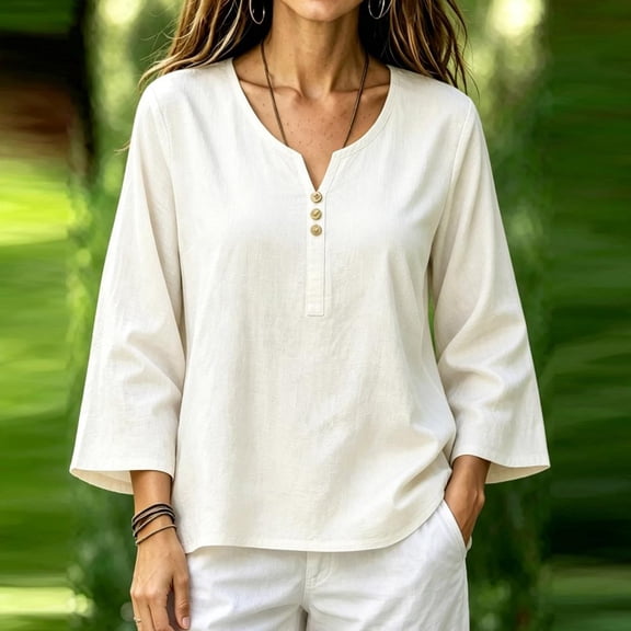 Bxsruta Women's V Neck Henley Shirts 3/4 Sleeve Loose Fit Casual Tunic Tops for Daily Wear