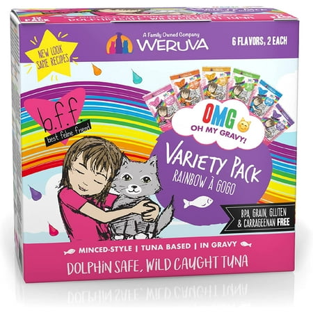 Weruva B.F.F. OMG - Best Feline Friend Oh My Gravy! Grain-Free Natural Wet Cat Food Pouches, 3 Ounce (Pack of 12), Rainbow Á Gogo Variety Pack