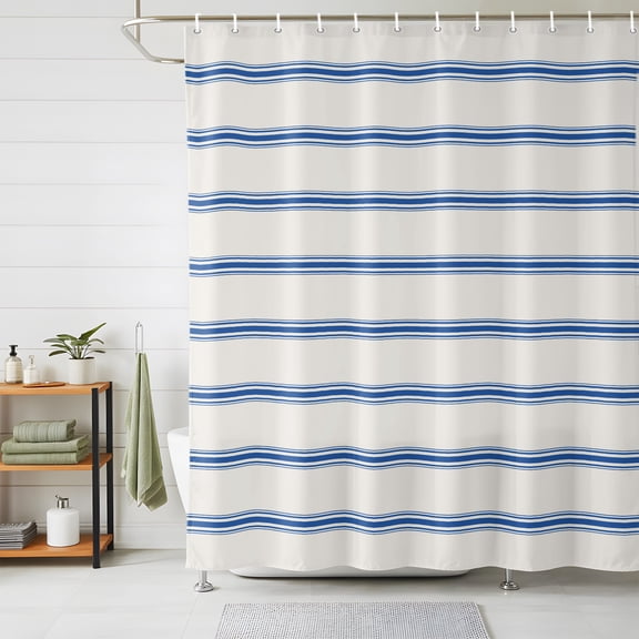 Shower Curtains for Bathroom, Navy Blue Striped Waterproof Fabric Shower Curtain, Rustic Blue Stripe Modern Art Beige Decorative Bathroom Curtain for Bathtub, 72"x84", No Hooks Included