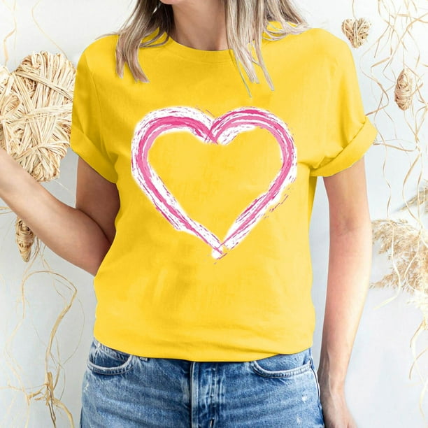 zanvin Womens Valentine's Day Graphic Tees Short Sleeve Heart Printed  Shirts Blouse Tops,Yellow,M