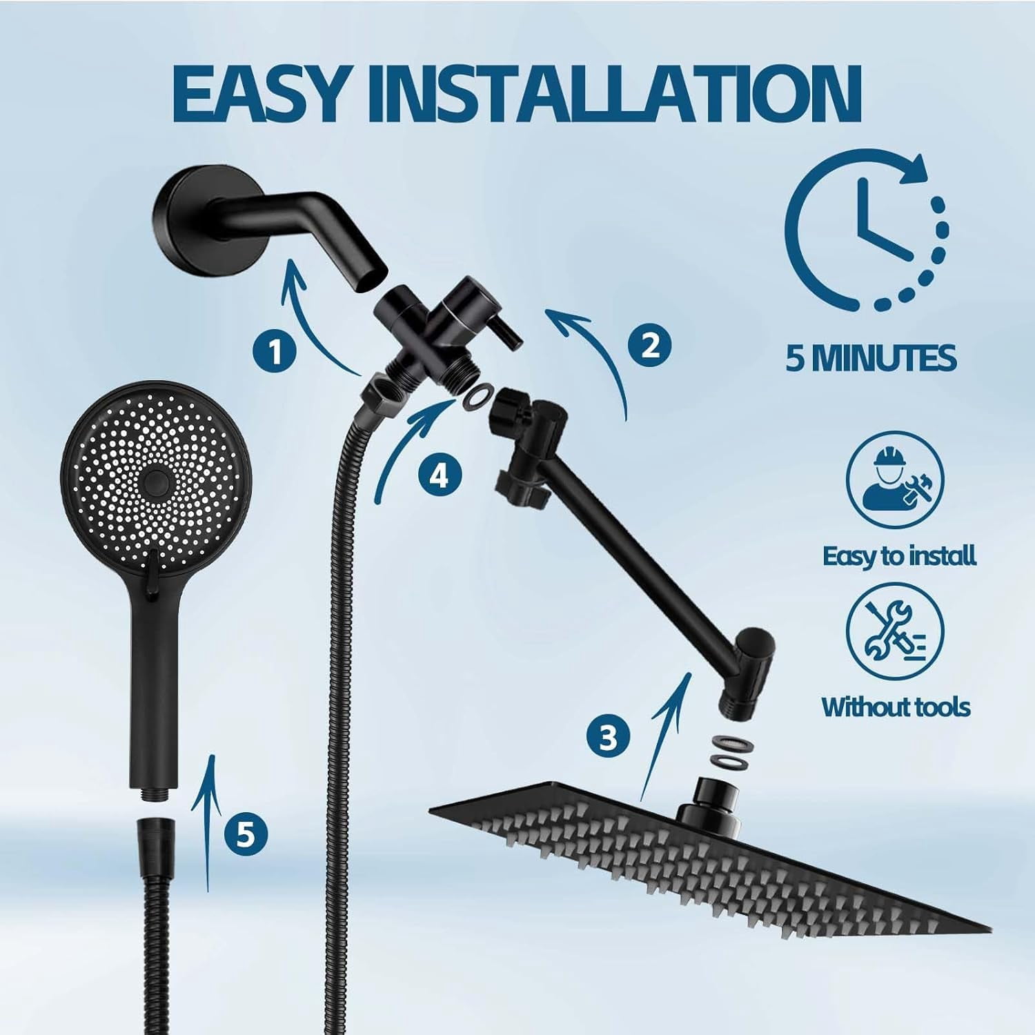 Shower Head 10 Inch High Rain With Handheld Spray Combo  Adjustable Dual Rainfall - Showerhead Comb Set Extension Arm 60 Long Hose(black)