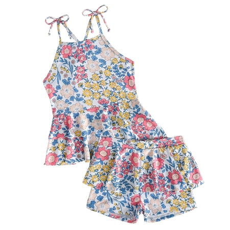 Nwiuh Girls Swimsuit 2 Piece Sleeveless Floral Print Swimming Suit Beachwear Ruffle Hem Cross Back Bathing Suit with Shorts (Yellow 10-11 Years)
