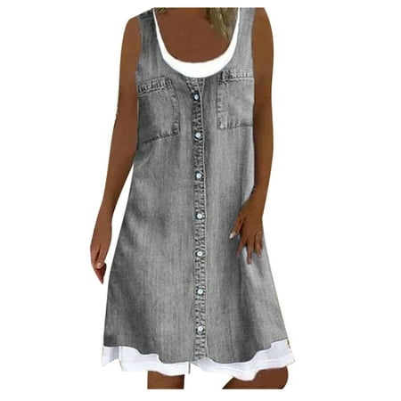 

Ichuanyi Woman Dress Clearance Summer Women Fashion Casual Sexy Round-Neck Floral Printing Fake Two-Piece Dress