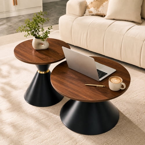 2-Piece Round Nesting Coffee Table Set, Walnut Wood Grain Tabletop with Metal Base, Mid-Century Modern Accent Tables for Living Room Bedroom, Walnut + Black