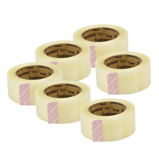 Sealast Clear Double-Length Packing Tape for Packing and Shipping, 48 mm x 132 m, 6 Pack. The image shows six rolls of clear packing tape, each measuring 48 mm in width and 132 m in length, with a 3-inch core. The rolls are arranged in two rows of three, displaying the Sealast branding on the inner core. Suitable for use with tape guns and designed to reduce time between tape changes.