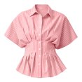 thumbnail image 5 of Women's Striped Blouse Peplum Hem Dressy Shirt Collared Short Sleeve Button Down Waist Fitted Business Casual Tops office Outfit Red, 5 of 5