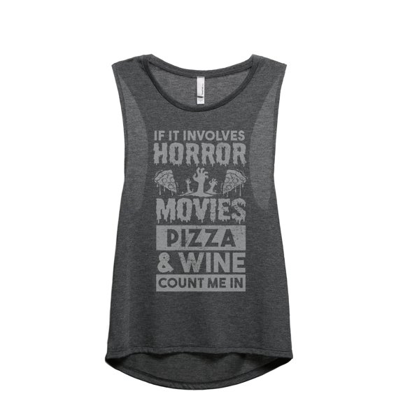 Horror Movies Pizza And Wine Women's Fashion Sleeveless Muscle Workout Yoga Tank Top Charcoal Grey Large