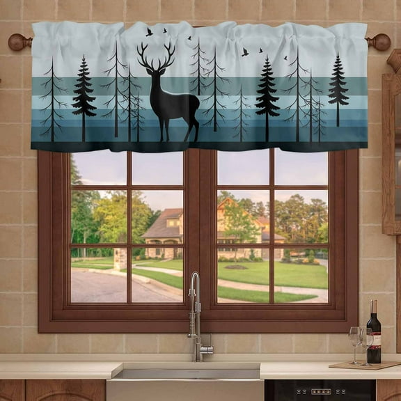 Kitchen Valance 54x18in, Rustic Deer on Gradient Stripe Light Filtering Rod Pocket Valances for Windows, Retro Forest Landscape Short Curtains for Bedroom Bathroom Home Decoration
