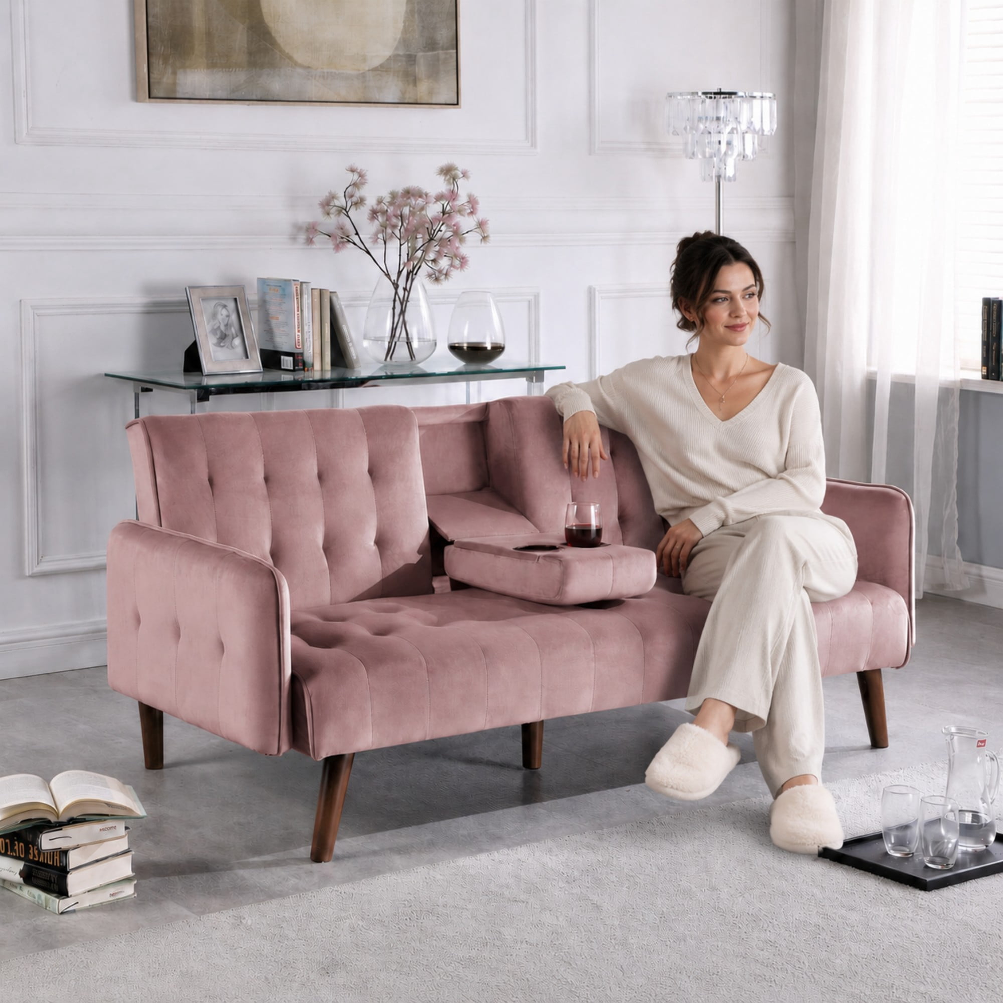 BSHTI 72" Linen Sleeper Sofa Bed with Folding Backrest,Adjustable Back, Drop-Down Table with Cup Holder for Living Room（Pink）