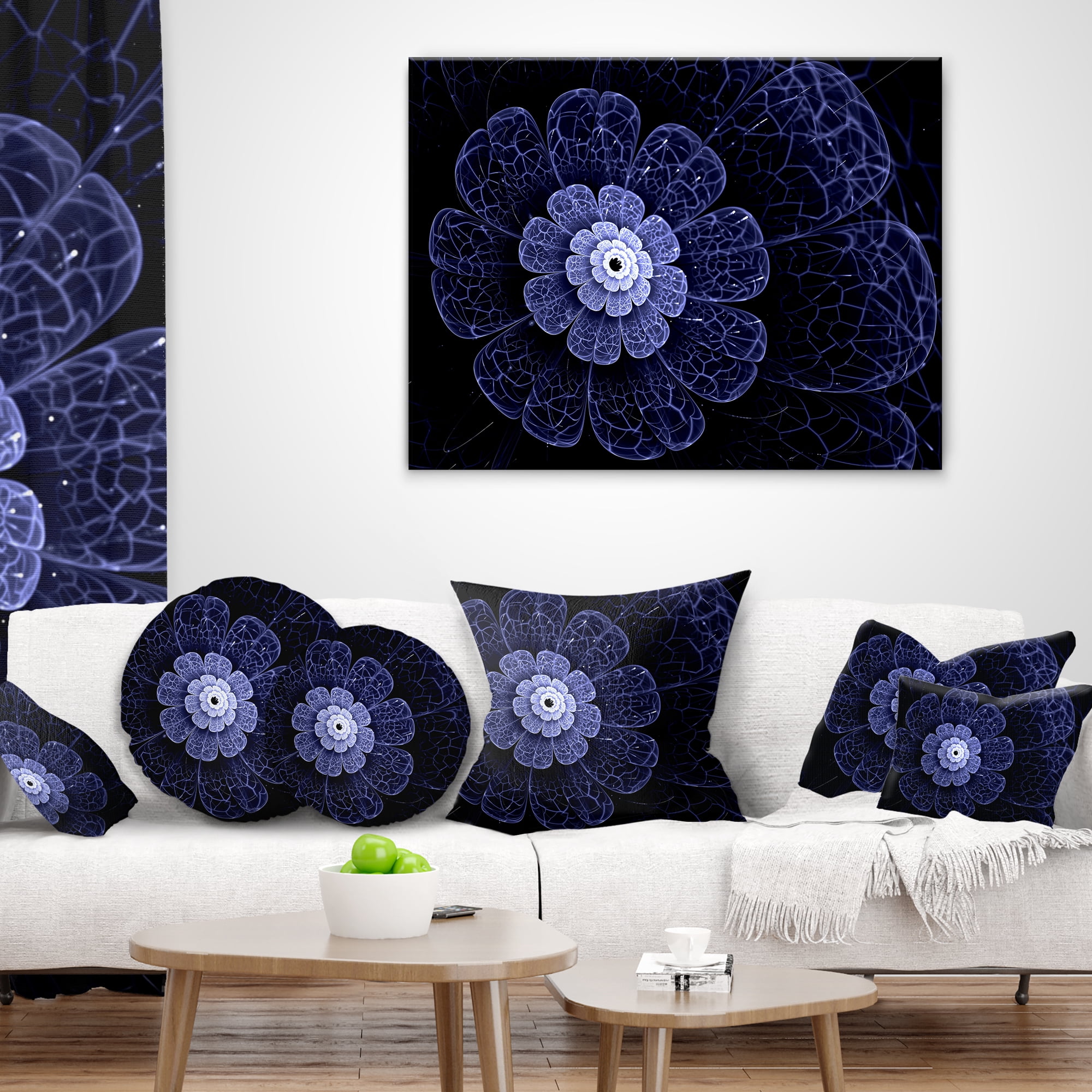 Designart Glittering Bright Blue Fractal Flower - Floral Throw Pillow - 16x16