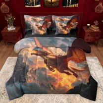 Castle Fairy Animal Dragon Bedding Comforter Set 7 Pieces for Female Men Adults,Abstract Magical Wildlife Full Bedding Set Lightweight,Orange Yellow Fitted Sheet Flat Sheet,Ultra Soft Home Decor