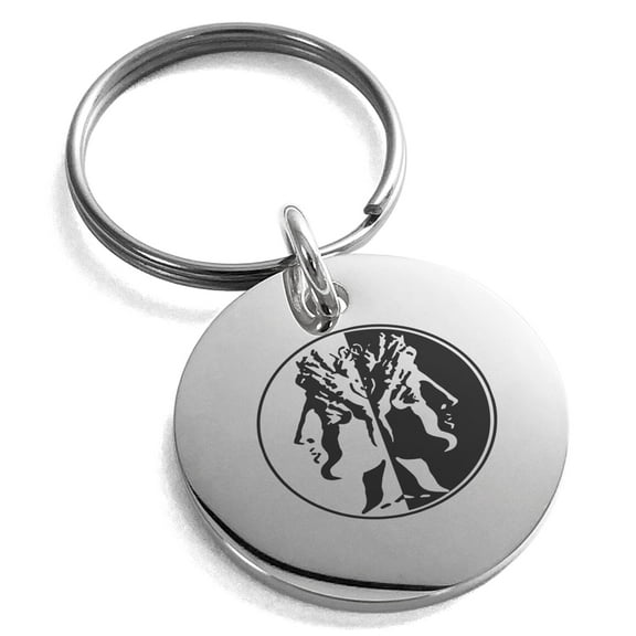 Tioneer Stainless Steel Janus Greek God of Beginnings Engraved Small Medallion Circle Charm Keychain Keyring