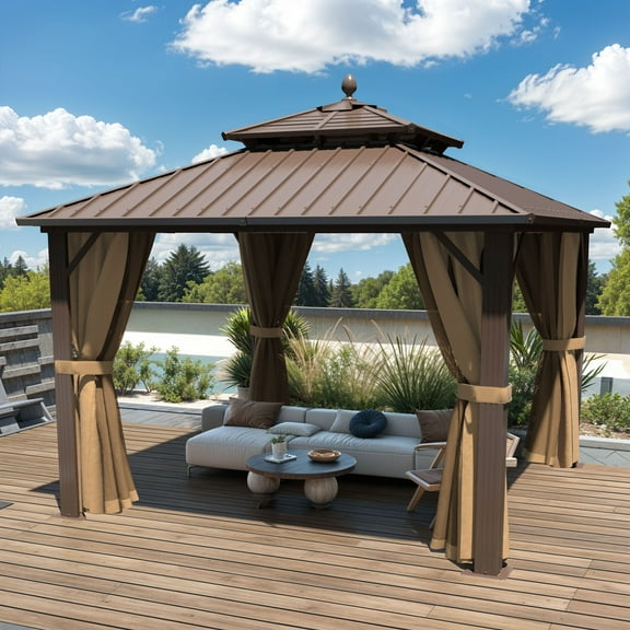 Dextrus 10'x10' Hardtop Gazebo with Nettings & Curtains,Heavy Duty Double Roof Galvanized Steel Canopy,Sunshade for Garden, Patio, Lawns, Bronze