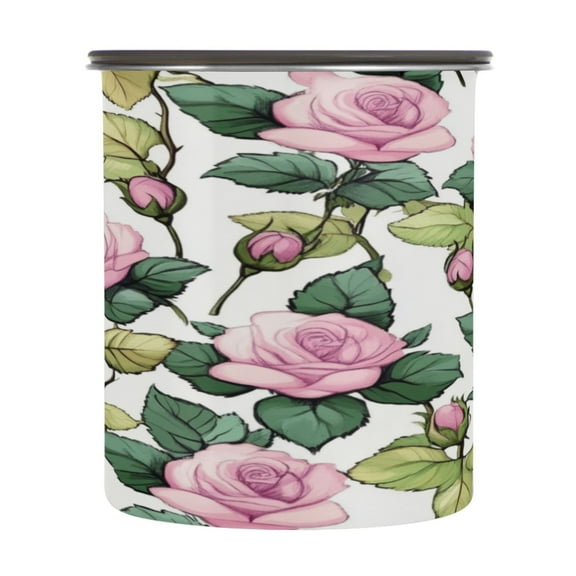 Wobogo Pink Roses Food Storage Jars 304 Food Grade Stainless Steel Canisters With Vacuum Airtight Lids for Coffee Snacks Nuts Cereal 900ML