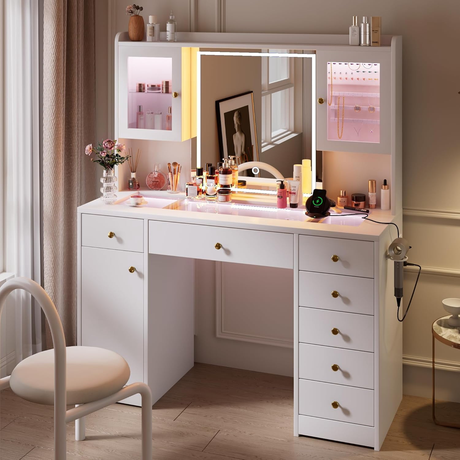 Laisnet White Makeup Vanity Desk with Mirror, RGB Lights & Power Outlet, Dressing Table with Glass Top & Jewelry Storage, 7 Drawers & 3 Cabinets