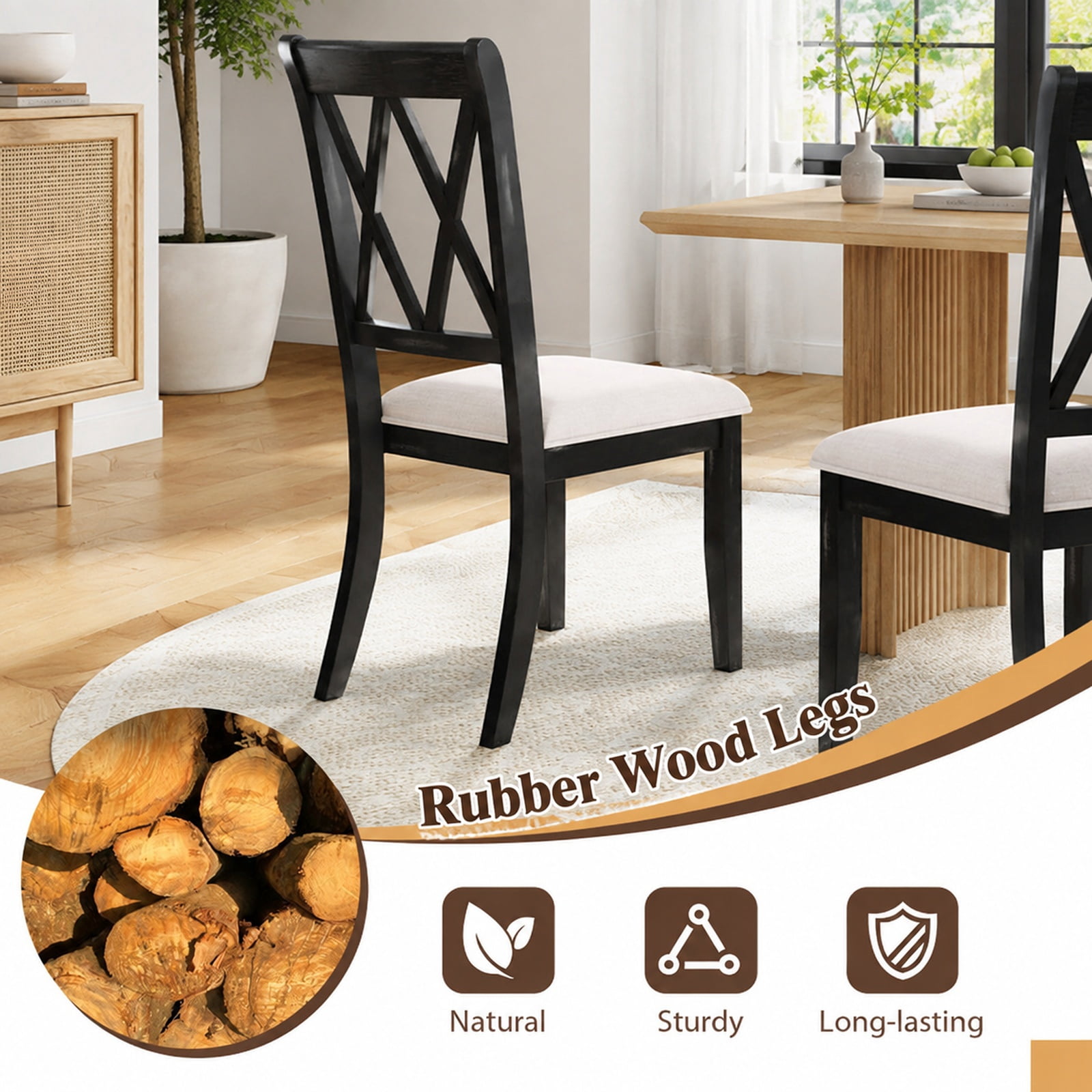 Furnibear Upholstered Dining Chairs Set of 2 Kitchen Side Chairs with Curved Cross Back and Natural Rubber Wood Legs for Dining Room, Beige