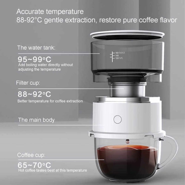 Portable Mini Drip Coffee Maker Automatic Hand Brewing Machine with Precision Temperature Control Stainless Steel ABS Tritan Filter Cup Maker for Travel Car Home Office