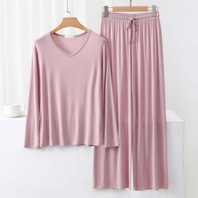 TACILIP 2 Piece Sets for Women Summer Loungewear Sets Outfits V Neck Long Sleeve Tops Wide Leg Pants Pajamas for Women Set
