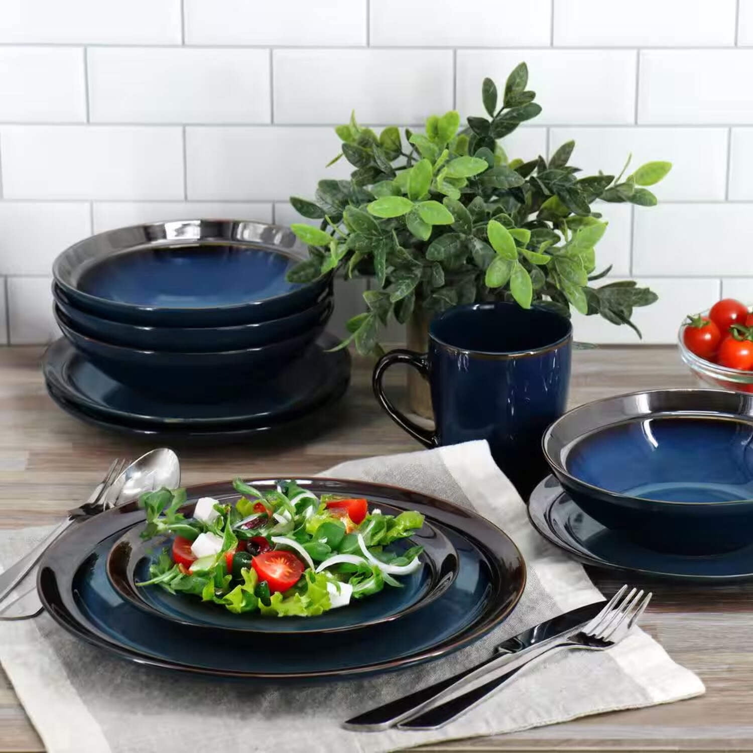 Gibson Elite 142747.16 Priya Reactive Glaze Sto are Dinnerware Set, Blue - 16 Piece