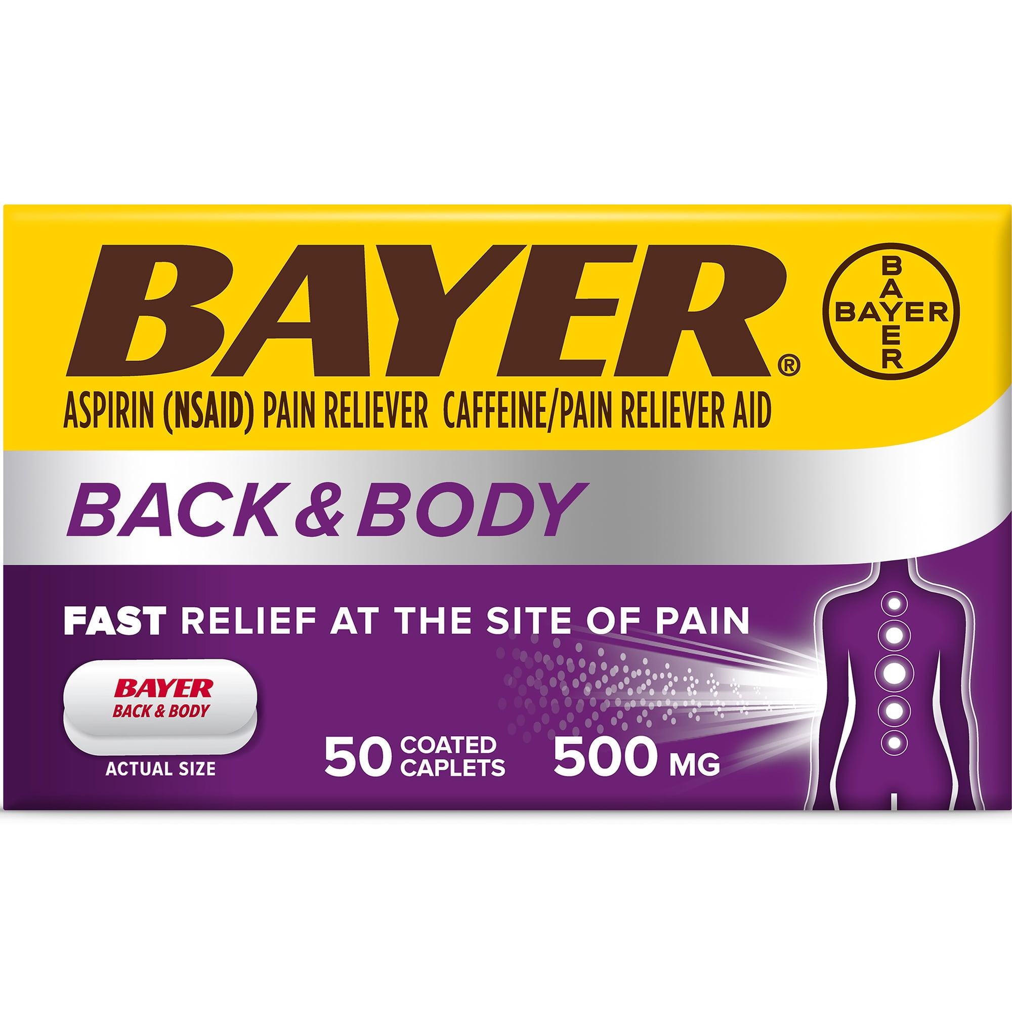 Bayer Back & Body Extra Strength Pain Reliever Aspirin w Caffeine, 500mg Coated Tablets, 50ct