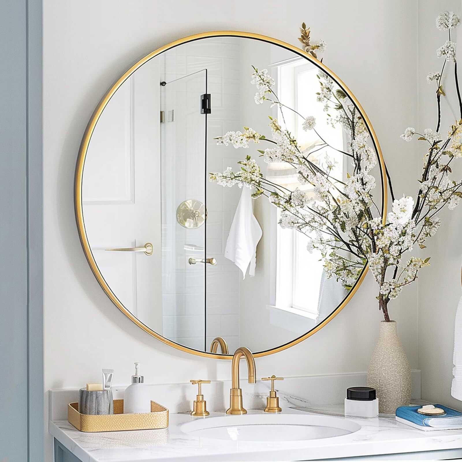 Mirstory 36.6"x36.6" Round Wall Mirror Wall-mounted Bathroom Mirror with Aluminum Frame,Gold