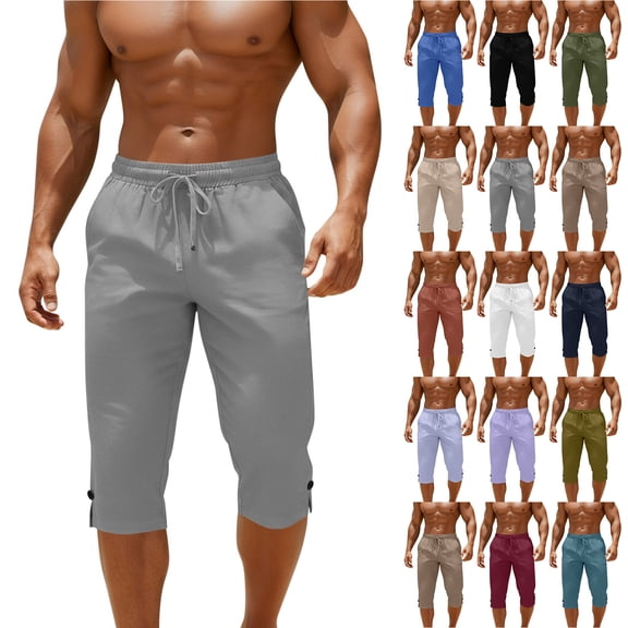 Havenre Mens Elastic Waist Drawstring Linen Capris with Pockets Trendy Buton Side Slit Summer Knee Length Jogger Shorts Basic Athletic Workout Sweat Short Pants with Pockets Gray L