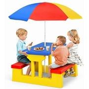 Kids Picnic Table, Toddler Plastic Outdoor Table & Bench Set with Umbrella, Children Patio Furniture Set for Backyard Garden, Kids Picnic Tables for Outdoors, Gift for Boys Girls Age 3+