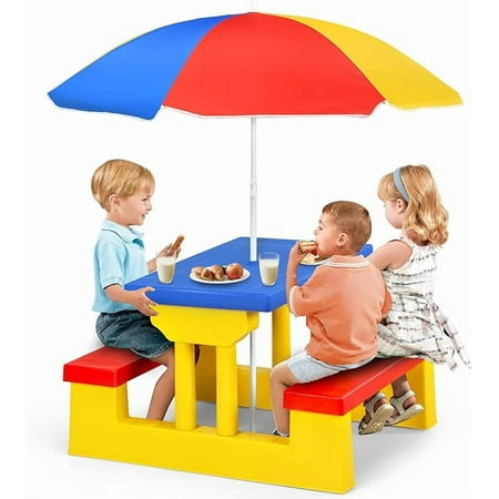 Kids Picnic Table, Toddler Plastic Outdoor Table & Bench Set with Umbrella, Children Patio Furniture Set for Backyard Garden, Kids Picnic Tables for Outdoors, Gift for Boys Girls Age 3+
