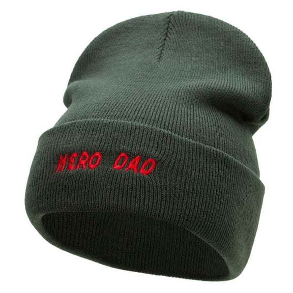 Hero Dad Embroidered 12 Inch Long Knitted Beanie - Olive OSFM